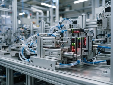 Close-up of clean pneumatic cylinders and sensor arrays with status LEDs blinking in a clean modern factory environment, cool blue and gray tones, sharp technical focus, 35mm