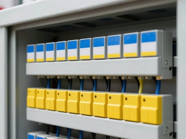 Close up of a neatly organized industrial electrical cabinet, yellow and blue wire tags, technical precision