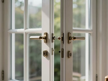 Pair of white UPVC French doors open inward showing the center astragal bar and dual-point lock hardware, natural window light illuminating the glass panes from outside