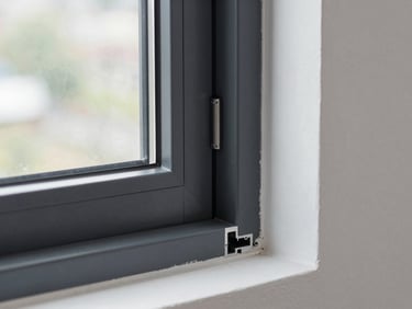 Installed UPVC casement window open at 90 degrees showing the concealed hinge and compression seal against a rendered wall, overcast daylight, frame edge in sharp focus