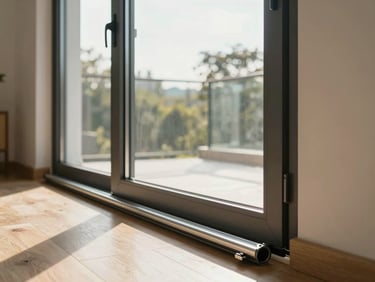 Wide UPVC sliding door panel installed in a living room opening, glass catching afternoon daylight, floor track visible in foreground showing the low-profile aluminum runner