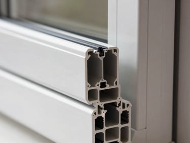 Close-up of a white UPVC sliding window frame cross-section showing the multi-chamber profile and rubber weather seal, natural side light revealing chamber depth