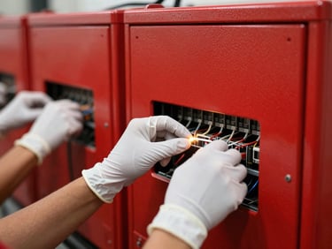 Mãos com luvas de proteção ajustando fiação elétrica em painel industrial vermelho, faíscas sutis, foco seletivo
