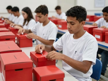 Estudante de farmácia de jaleco branco organizando caixas vermelhas em prateleiras iluminadas, foto nítida e realista