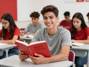 Estudante adulto sorridente segurando livro de inglês em sala de aula moderna e iluminada, ambiente acolhedor