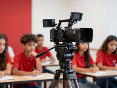 Câmera profissional em tripé focando em jovem gravando vídeo em estúdio iluminado com detalhes vermelhos ao fundo