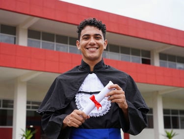 Profissional orgulhoso segurando diploma de graduação em frente a fachada moderna de faculdade, luz do dia