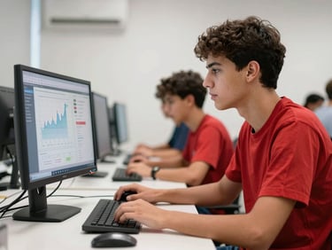 Jovem profissional focado analisando gráficos coloridos de Power BI em tela de computador moderna, iluminação clara de escritório