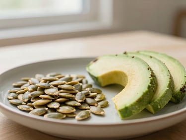 Close up of nutrient-dense whole foods, raw pumpkin seeds and sliced avocado on a ceramic plate, soft natural side light, warm editorial style.