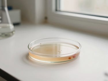 Scientific laboratory setting, clean glass petri dish with organic cultures, soft warm daylight, minimalist aesthetic.