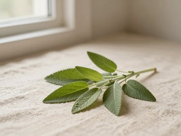 Fresh green sage leaves on a textured linen fabric, soft morning window light, shallow depth of field, warm sand background.