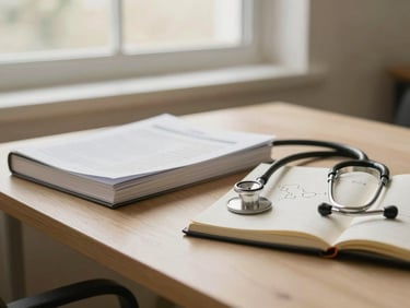 Soft natural daylight through a window, a clean desk with medical journals, a stethoscope, and an open notebook with biochemical formulas, shallow depth of field, warm sand tones.