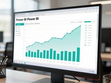 Tight close-up of a clean, high-fidelity Power BI dashboard displaying corporate financial metrics on a sleek monitor, electric teal data lines, crisp white background, modern Bogotá office setting with soft natural daylight.