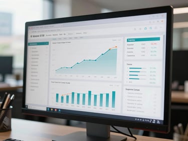 Tight close-up shot of a clean, high-fidelity Power BI dashboard displaying financial KPIs on a modern computer monitor, natural office daylight, soft focus on a Bogotá office background.