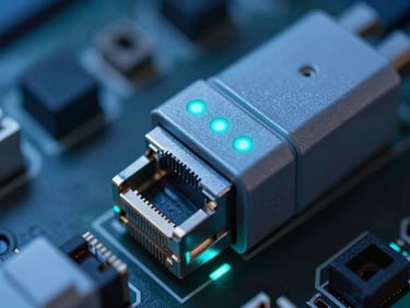 Macro shot of an ethernet-connected water flow sensor with crisp cyan indicator lights, cool blue ambient tones, high-contrast technical lighting, detailed hardware, 35mm