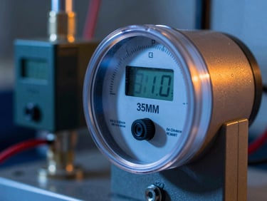 Macro shot of an industrial energy meter with retrofitted digital transmitter, high-contrast technical lighting with amber accents, detailed hardware connections, 35mm.