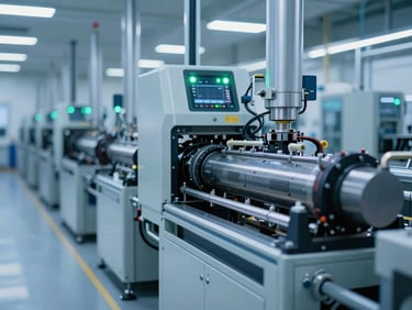 Wide environmental shot of a clean, modern factory floor with a machine displaying green operational status lights, cool blue ambient tones, high-contrast technical lighting, 35mm
