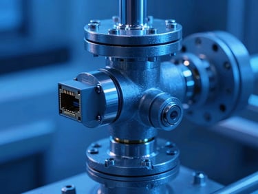 Close-up of an industrial water flow sensor with ethernet connection, cool blue ambient tones, high-contrast, detailed hardware, 35mm.