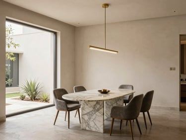 Wide environmental architectural shot of a luxury dining area in Gurgaon, custom marble table, minimalist brass lighting, soft natural daylight, editorial styling, 35mm lens.