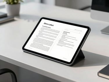 A clean corporate office desk with a modern tablet displaying secure legal documents, bright natural daylight, sharp focus, 35mm