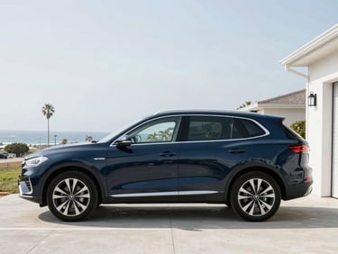A family SUV parked in a clean suburban garage, soft natural light, premium editorial