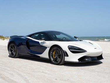 A modern luxury sports car parked near the Florida coast, bright daylight, premium editorial photography