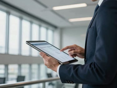 A close-up of a modern executive reviewing digital credentials on a tablet in a corporate office, sharp architectural light, 35mm