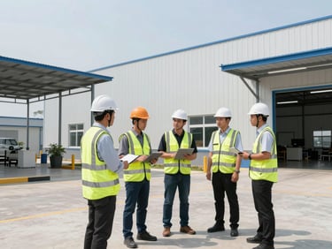 Professional corporate photography of a modern Indonesian industrial facility, clean warehouse environment with technical team wearing proper safety gear, bright natural daylight, sharp focus.