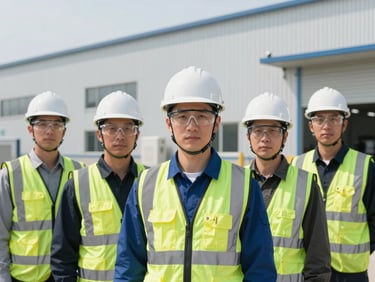 A technical team wearing proper safety gear, hardhats, and safety glasses, standing in front of a clean industrial facility, bright daylight, 35mm lens