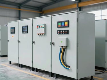 Professional photography of clean industrial electrical control panels and high-voltage cables in an organized warehouse.