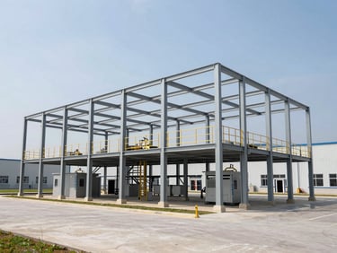 Wide-angle shot of a completed industrial facility structure, clean environment, bright natural daylight.