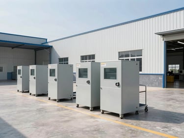 Wide shot of a clean, modern industrial warehouse in Indonesia, bright daylight, organized equipment, sharp focus