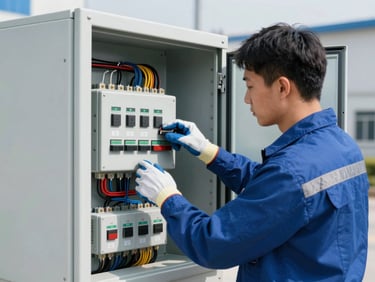 Industrial electrical panel wiring, certified technician in safety gloves working on control cabinet, bright daylight, realistic colors.