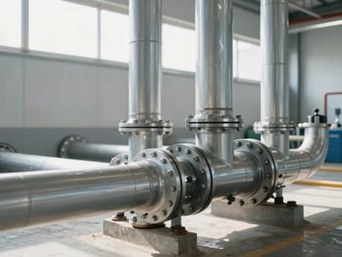 Crisp medium-close shot of industrial mechanical piping installation, clean warehouse environment, bright natural daylight.