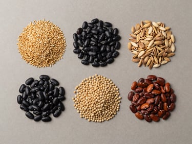 Overhead flat-lay of raw food materials — dried legumes or grains — arranged simply on a neutral surface under studio strobe lighting, texture and form clearly visible, evidential product detail shot