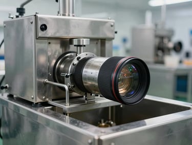 Close-up of food production floor environment, stainless steel processing equipment under bright documentary lighting, clean industrial surfaces, no workers visible, evidential framing