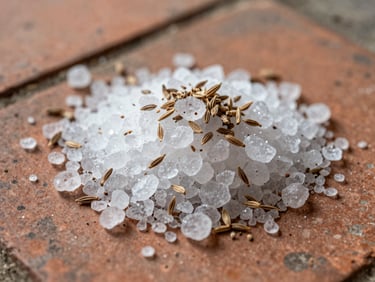 Extreme close-up of coarse sea salt crystals and dried spice blend — cumin seeds visible — spread on a weathered terracotta tile, early morning natural light from left, documentary framing showing texture