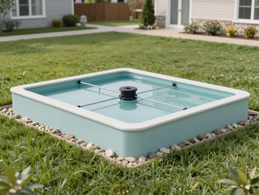 Clean, modern biological wastewater treatment plant cover integrated seamlessly into a green lawn, with a small decorative stone border, soft daylight.
