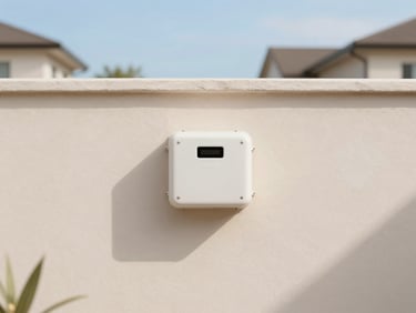 Subtle, integrated holding tank access point in a tidy, landscaped garden, clear blue sky, natural light.