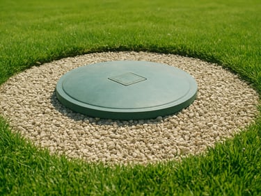 Underground septic tank access lid in a well-maintained, clean gravel area, surrounded by lush grass, sunny day.