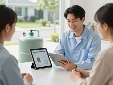 A friendly technician explaining a simple diagram of a septic tank system to a homeowner on a tablet, in a clean, modern home environment, natural light.