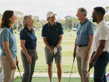 Diverse community members of different ages laughing together on the driving range, holding clubs, bright natural daylight.