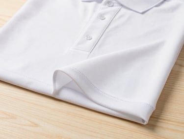 Playera polo de algodón peinado blanco puro doblada de manera impecable sobre una mesa de madera clara, enfoque en la textura, luz suave, 35mm.