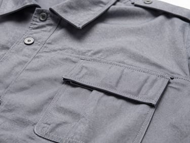 Detalle macro de un uniforme industrial de alta resistencia, tejido reforzado gris pizarra, costuras triples visibles, luz natural brillante, 35mm.
