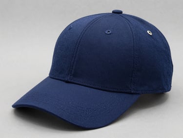 Gorra estructurada de gabardina azul marino con broche metálico ajustable, vista lateral sobre fondo gris pizarra, luz de estudio limpia, 35mm.