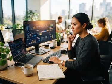 Warm editorial documentary photograph of a focused tech strategist working at a clean desk with digital interfaces visible, bright natural daylight, rich saturated tones, 35mm lens.