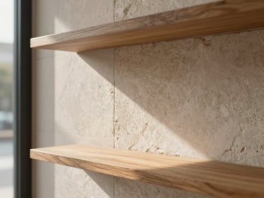 Tight architectural close-up of a commercial wall junction — honed stone panel meeting a recessed shadow gap above a continuous oak shelf, natural daylight from a window outside the frame casting a slow gradient across the surface, no objects on the shelf, no people