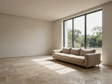 Wide environmental shot of a minimal residential living room, natural daylight pouring through a full-height window at the far right, illuminating a pale stone floor and a single low-profile sofa in warm linen. The frame is wide and anchored to the right canvas edge, generous negative space to the left, no decorative objects, architectural perspective at eye level.