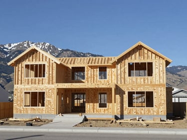 Wide-angle architectural elevation of a modern custom home under construction in Mountain Home, raw framing timber visible against crisp blue Idaho sky, bright natural mountain daylight.