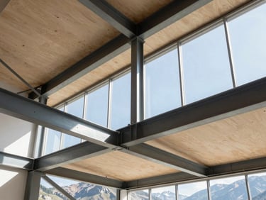 High-ceiling interior framing with exposed steel beams and clean plywood sheets, natural light streaming through high windows.